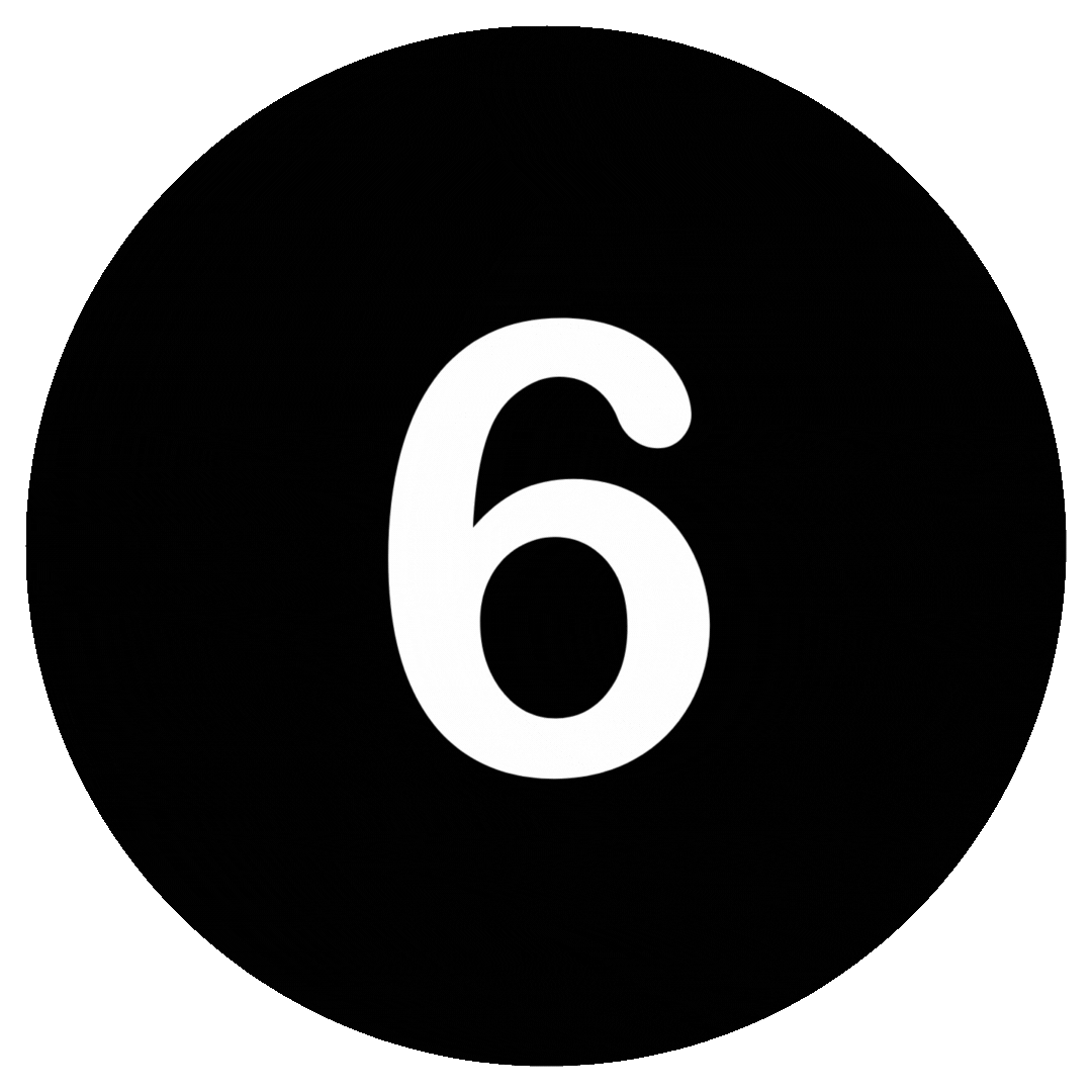 Black circular countdown timer graphic showing the number “6” in the center against a black background.