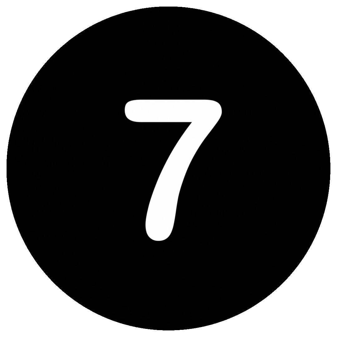 Black circular countdown timer graphic showing the number “7” in the center against a black background.